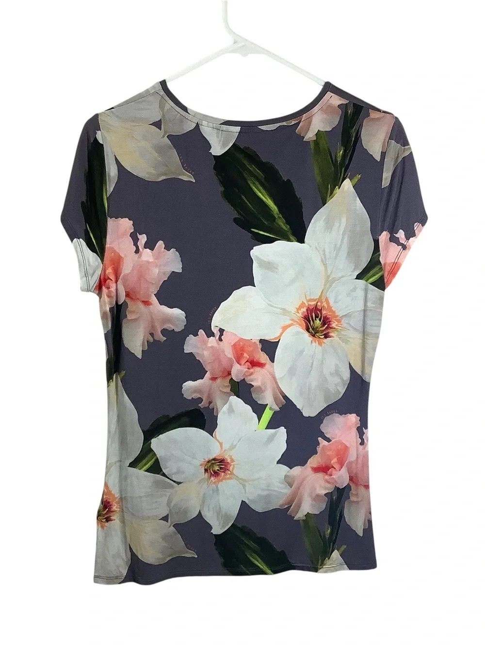 Floral Short Sleeve Tee - Gray with White & Pink Blooms